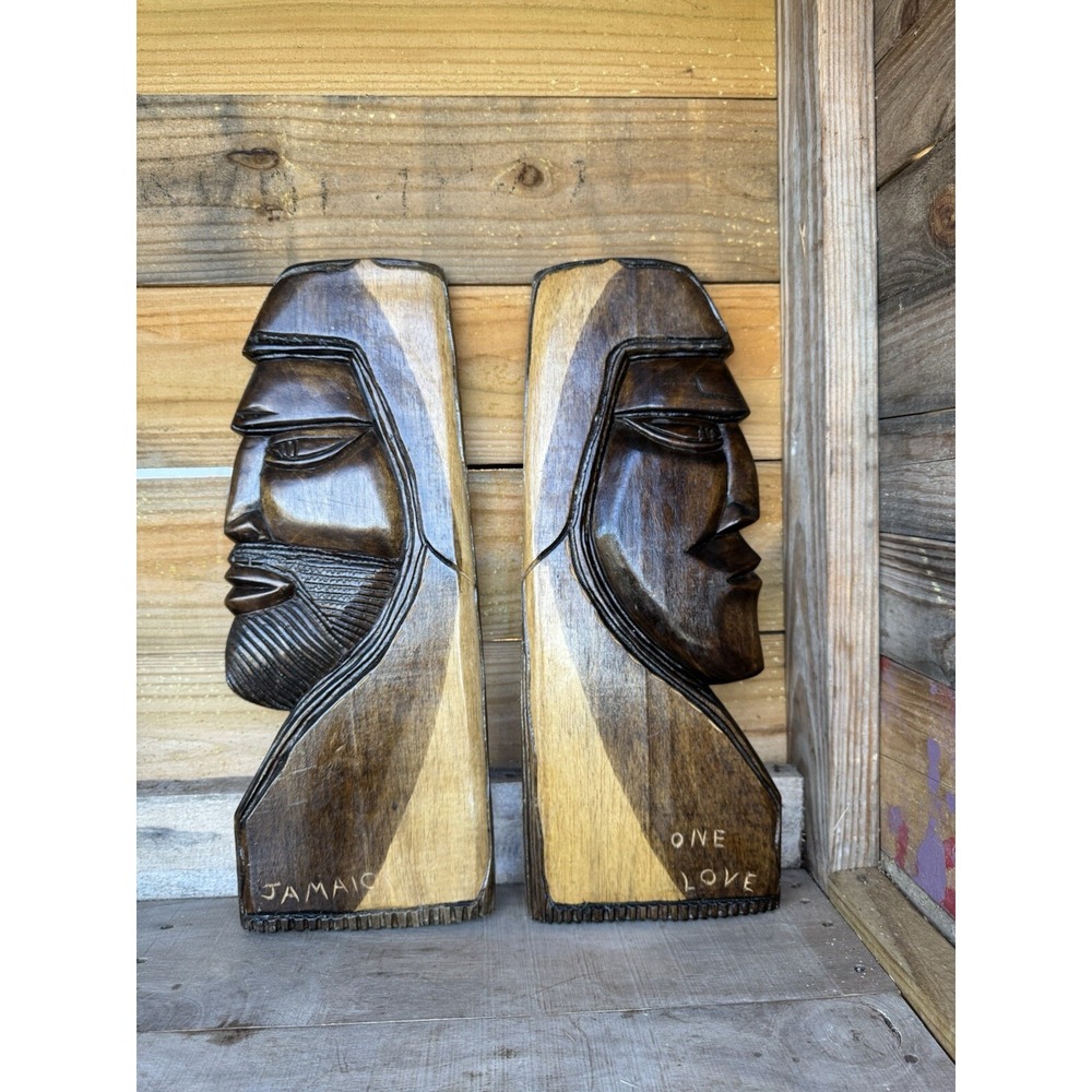 Hand Carved Head Bust Male Carving Folk‎ Wall Art Jamaican Man Rastafarian